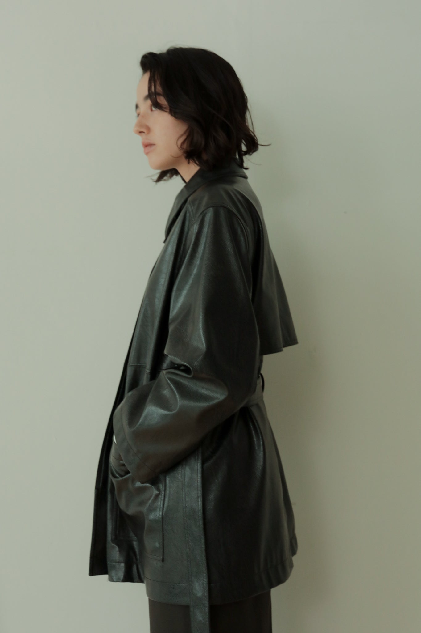 Vegan Leather Belted Jacket(ls34397J)