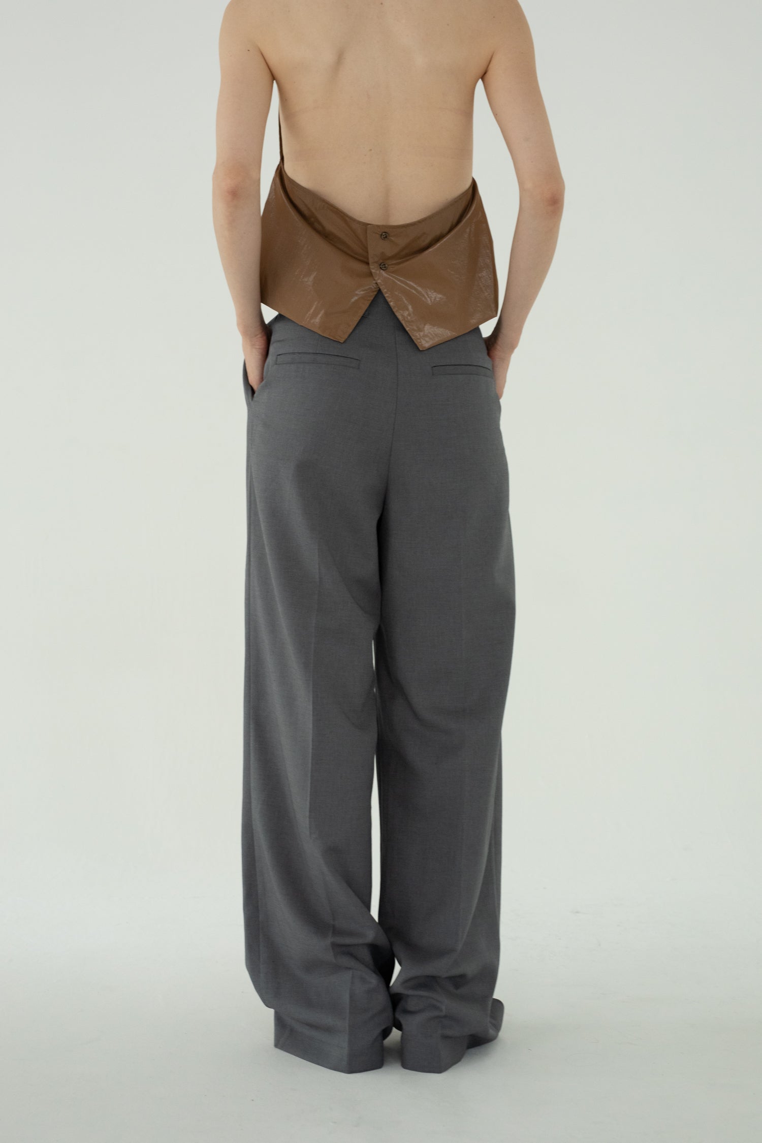 Wool Mix Hip Huggers Tucked Wide Slacks (ls62586P)