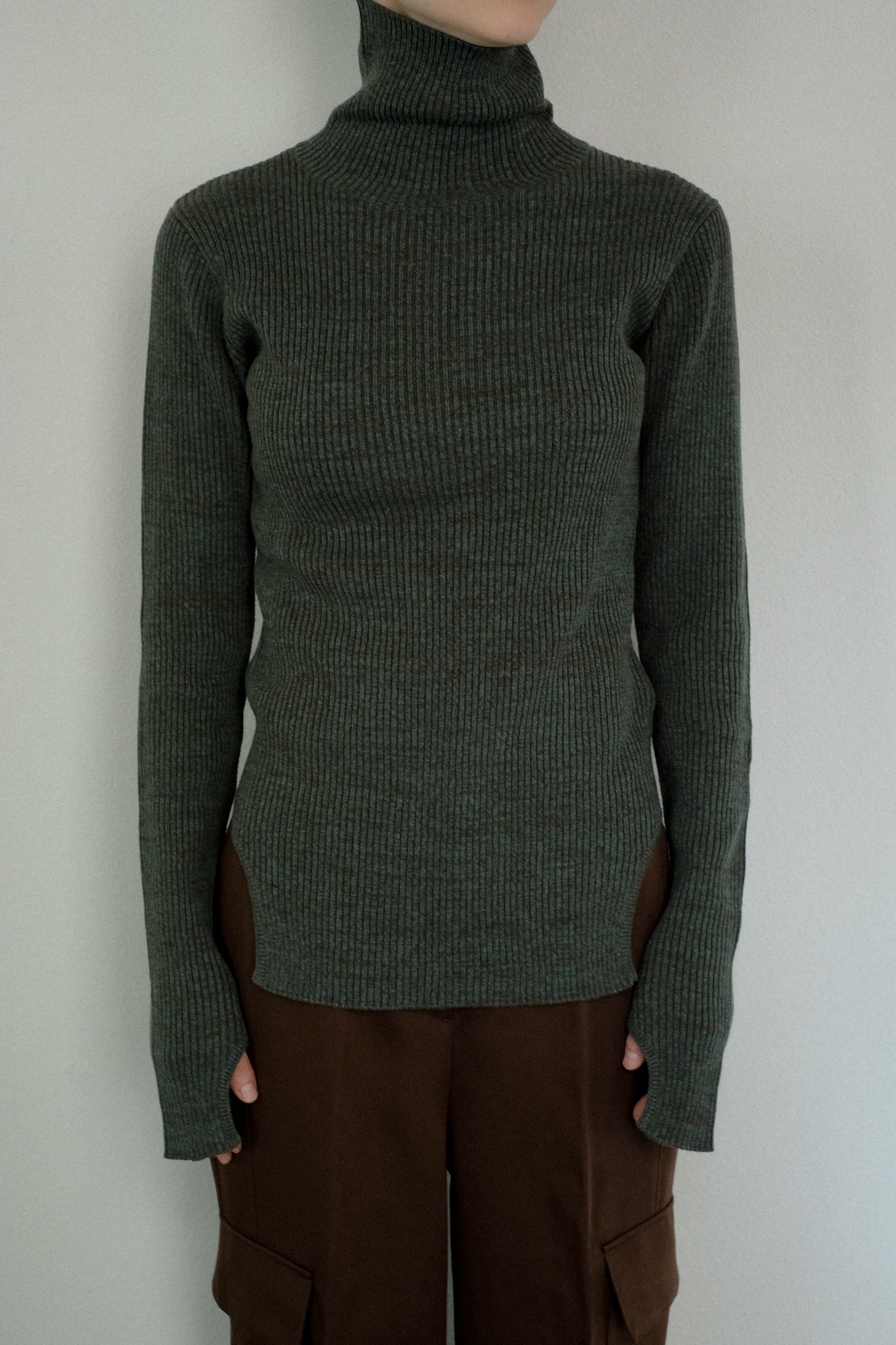 Wool Cotton Rib Curve Hem Turtle(ls34412K)