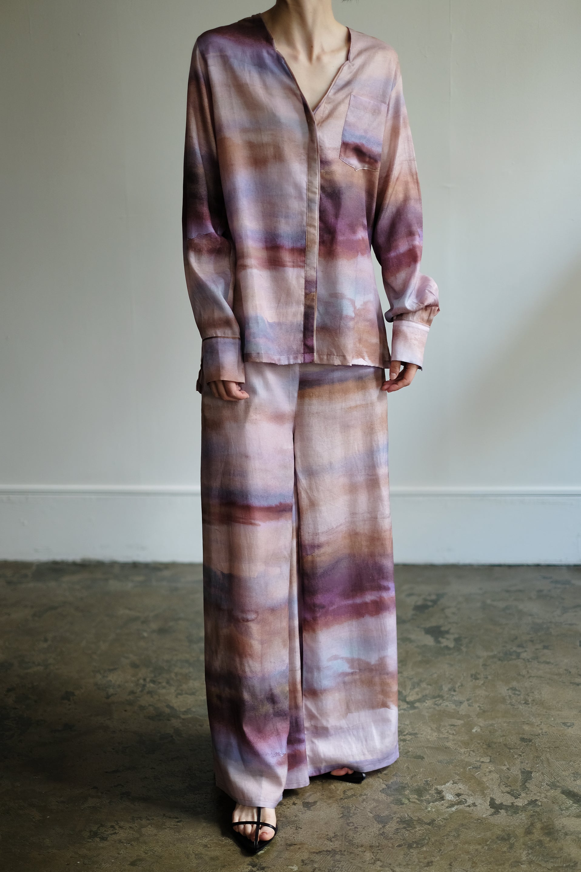 Watercolor Print Tucked Inside Wide Pants(ls11209P)
