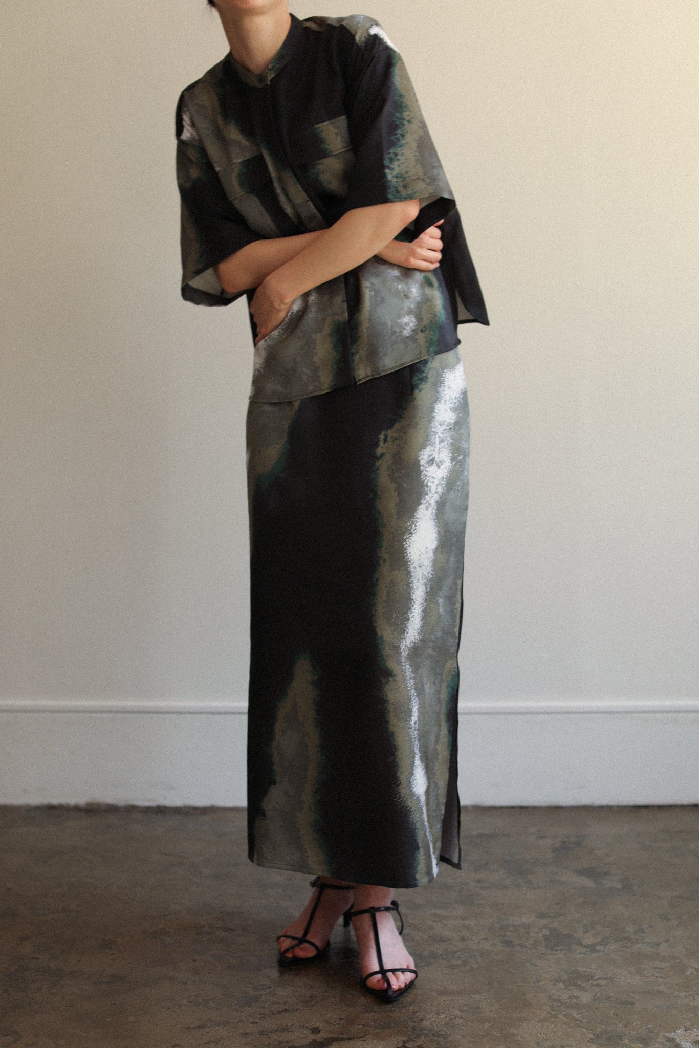 Earth Print Stand Collar Shirt(ls22282T)