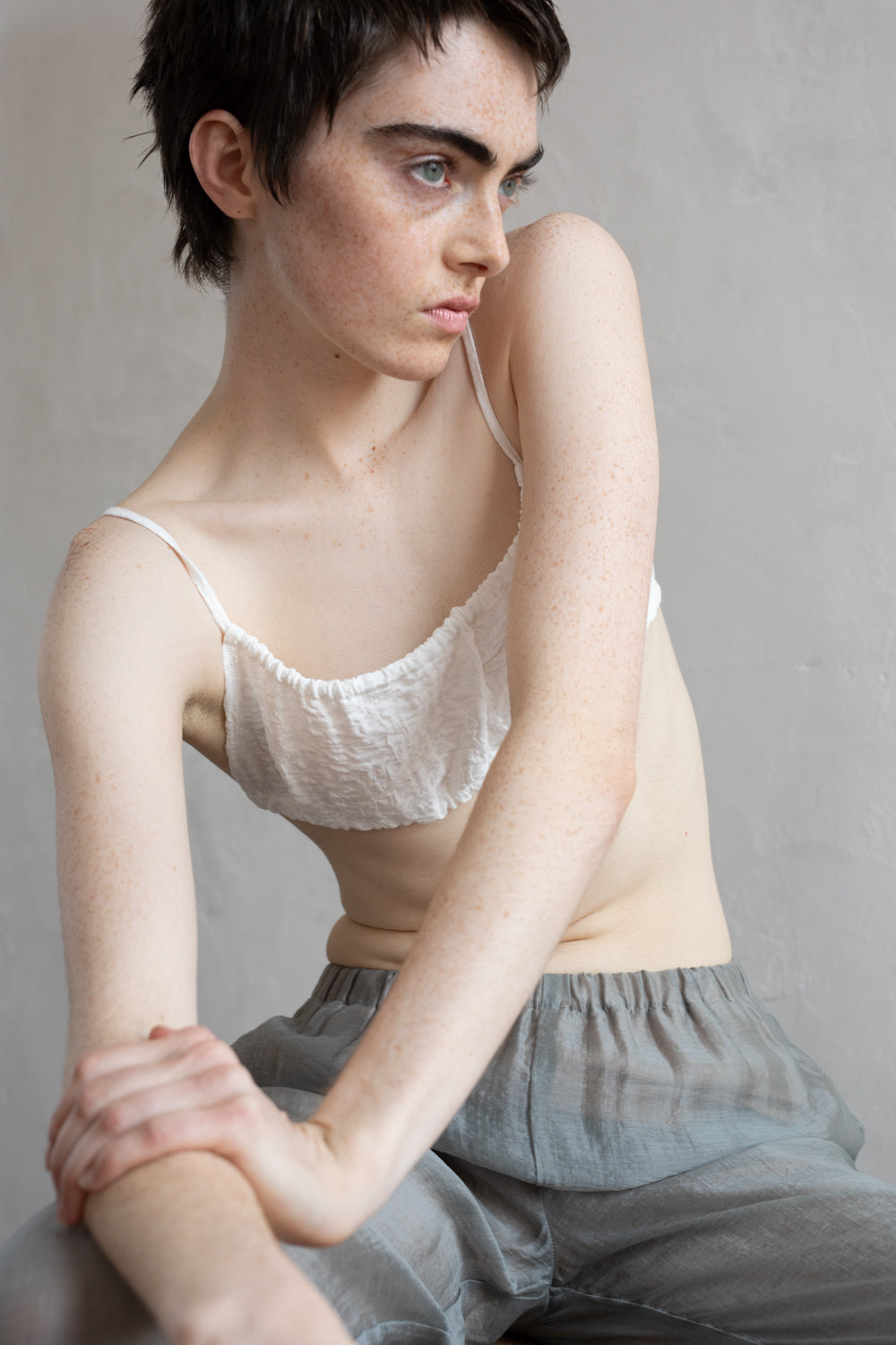 Organic Cotton Wrinkle Russell Drawstring Bra Top (ls52566T)