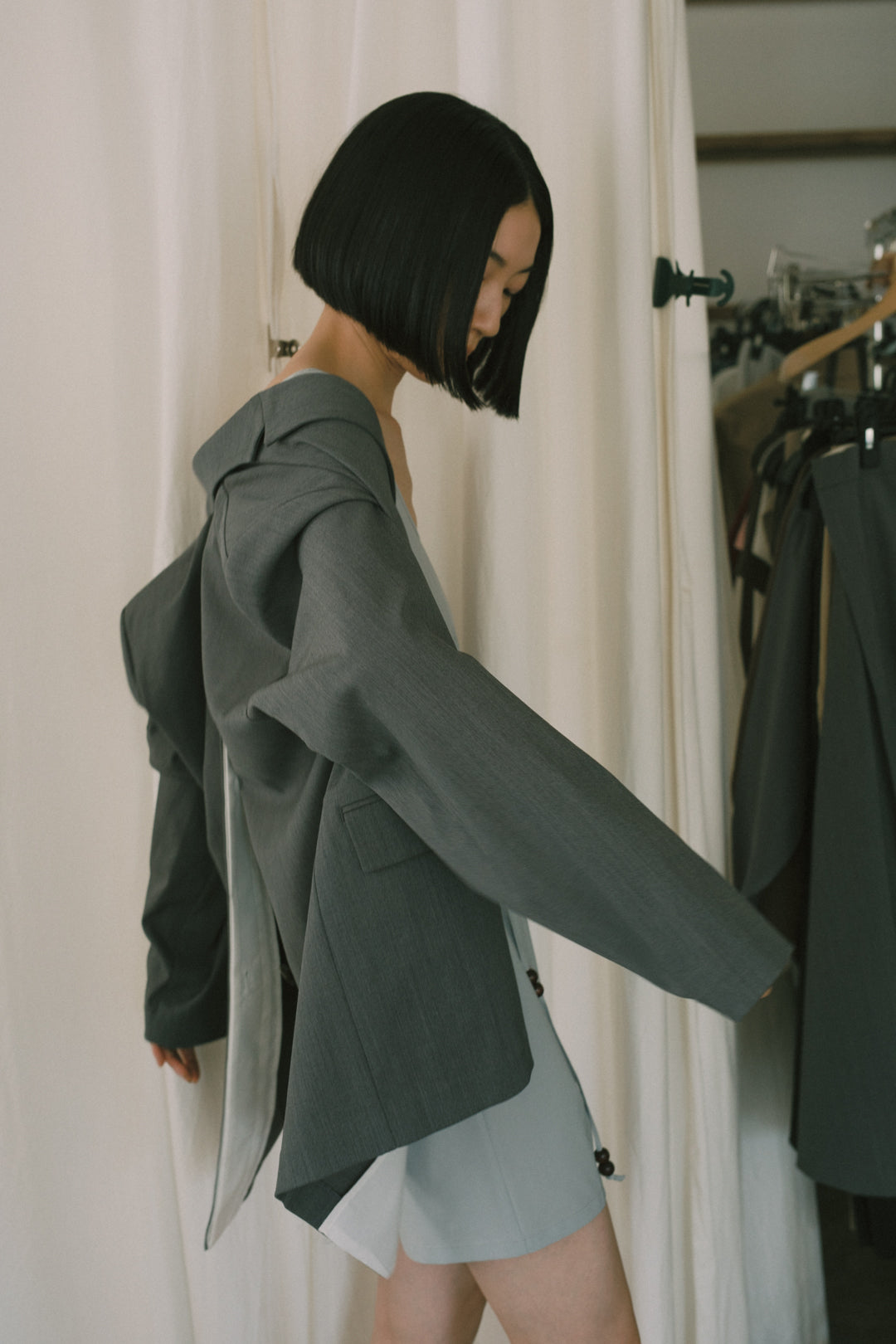 Wool Mix Gabardine Back Open Jacket (ls72636J)