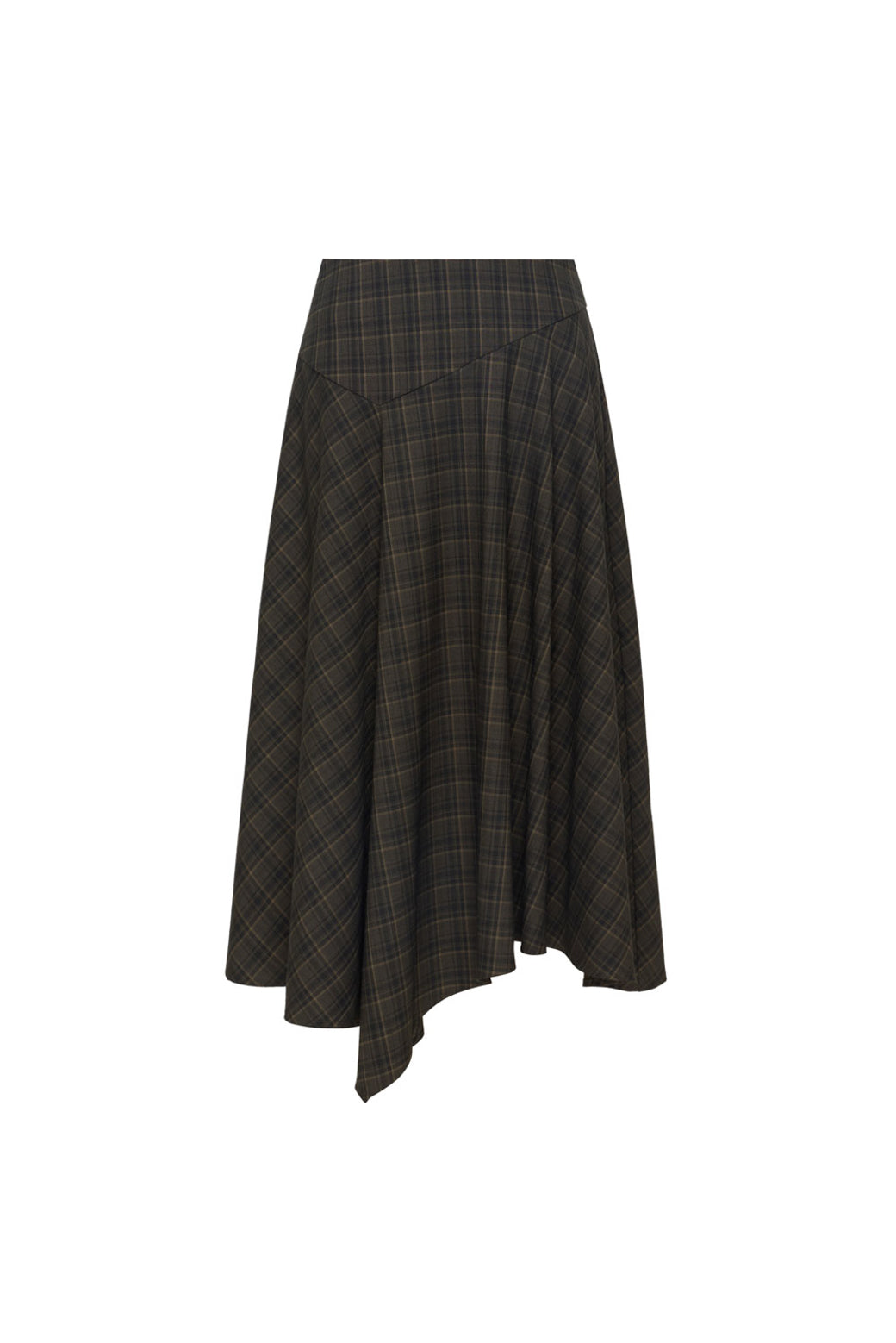 【Studio Doe】Asymmetrical Plaid A-line Skirt(DN-261OLK32)