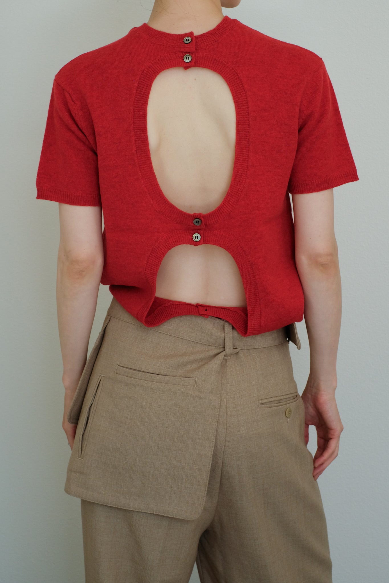 Extra Fine Merino Wool Back Open Short Sleeves Knit (ls44479K)