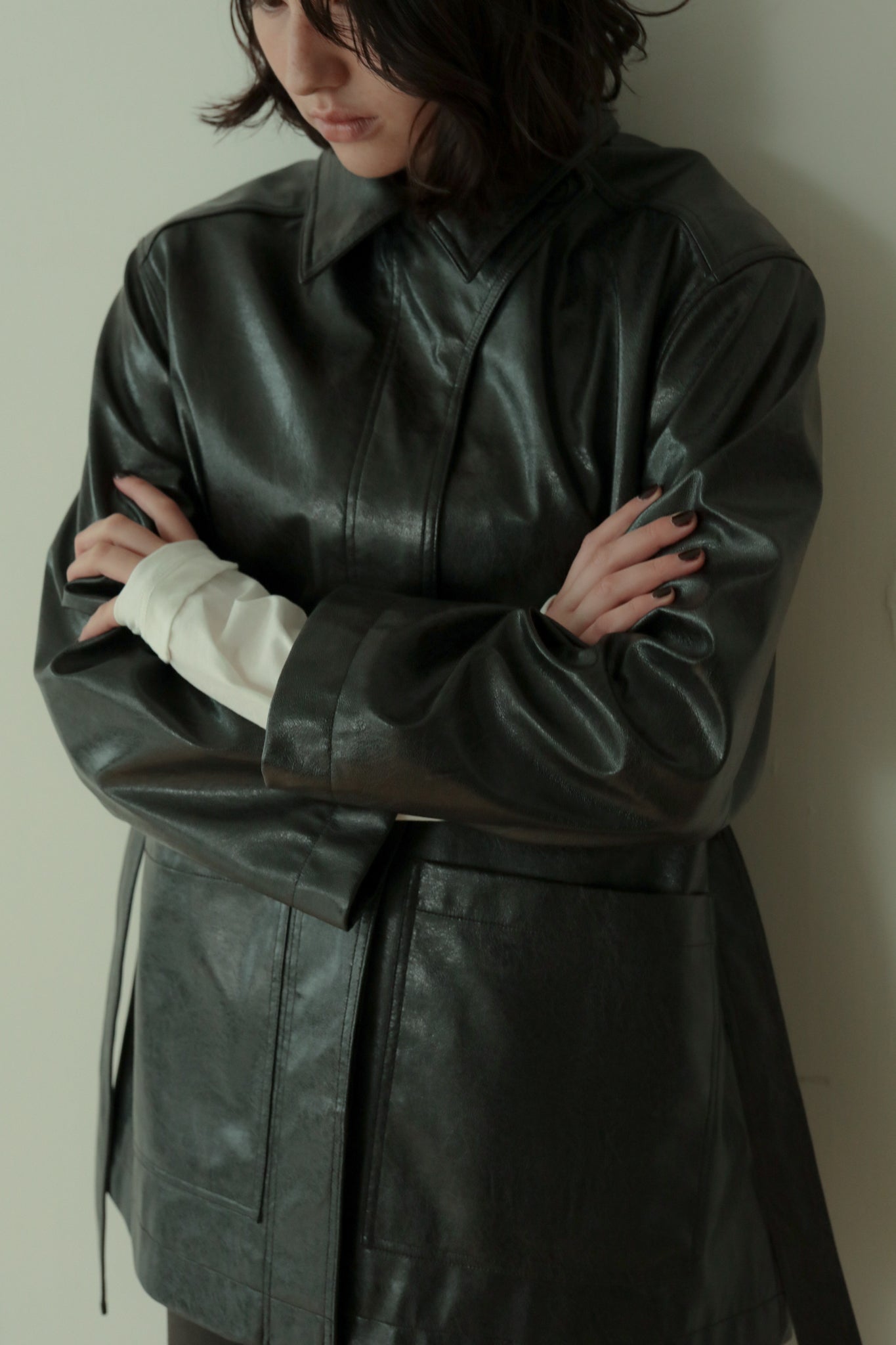 Vegan Leather Belted Jacket（ls34397J）