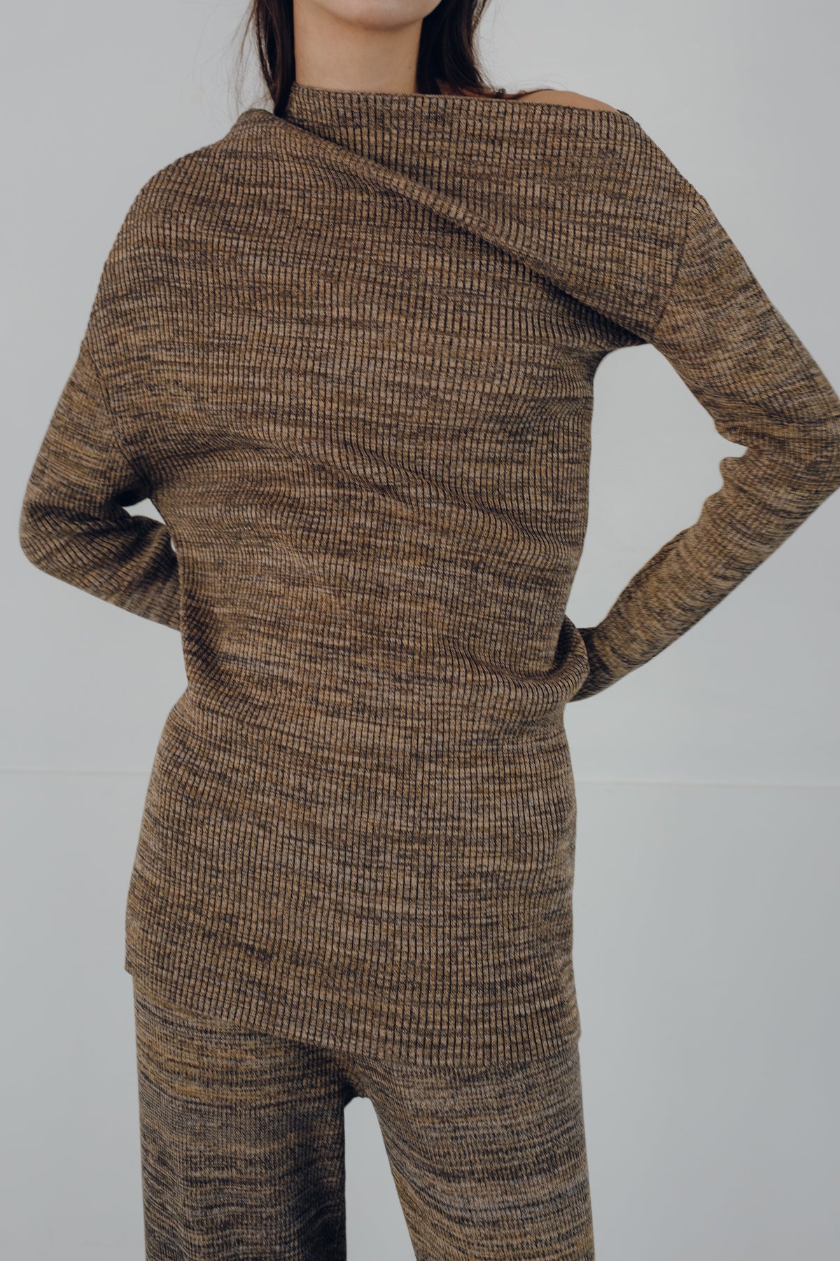 【展示会/後】Cotton 5color Marled Rib Knit Drape Top (ls64609K) ¥24,200-