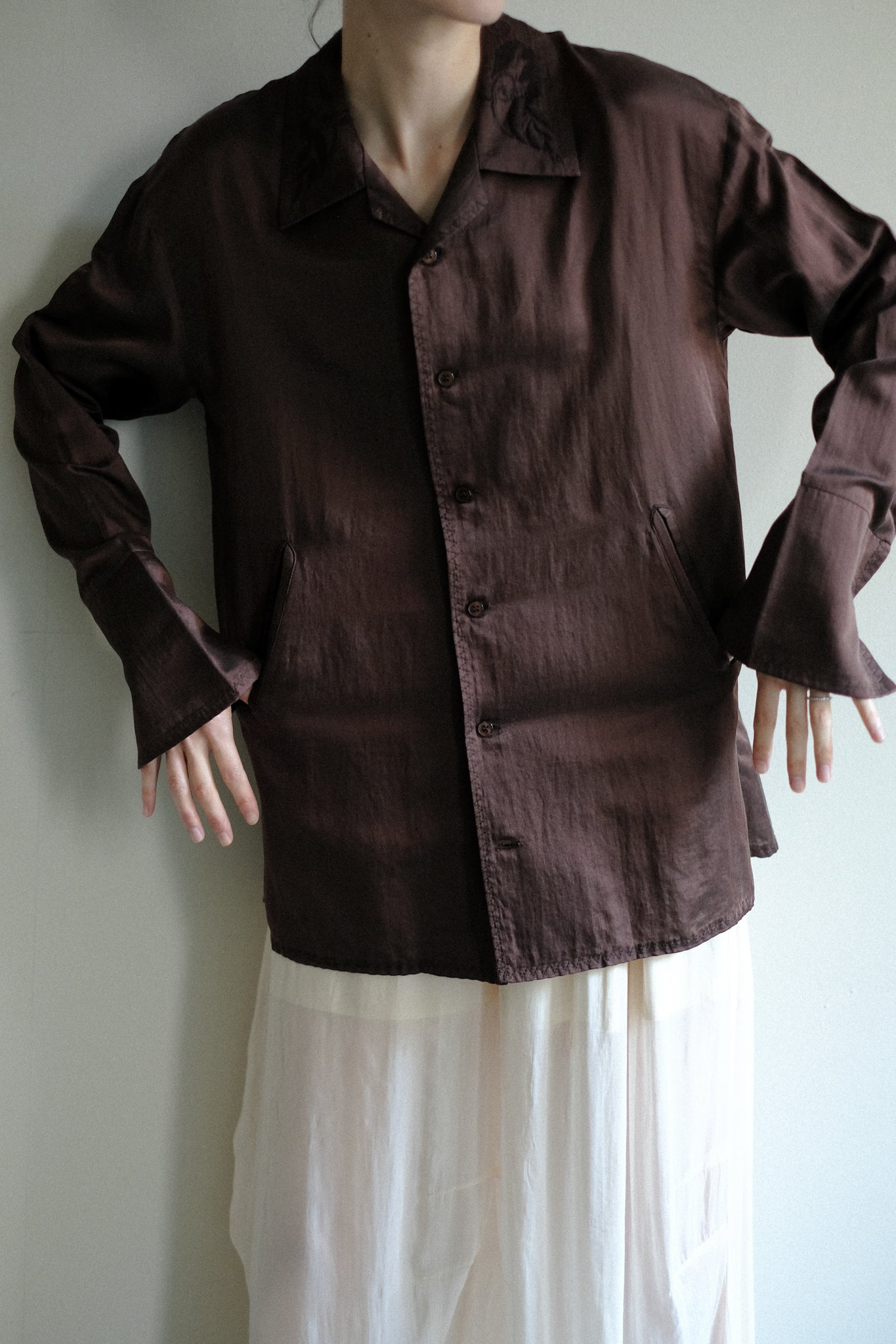 Cotton Silk Satin Embroidery Shirt (ls32344T)