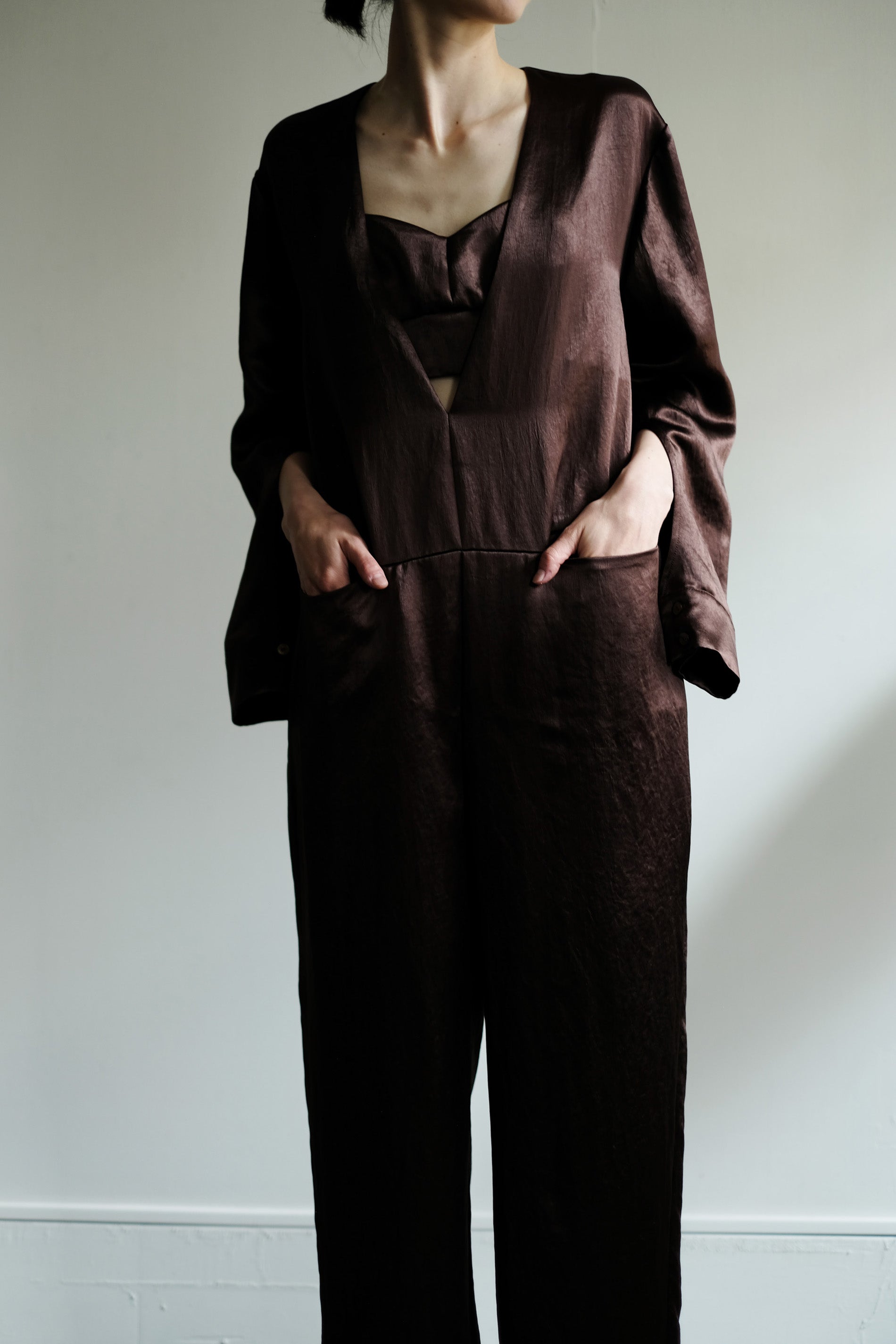 Heavy Satin Deep-V Jumpsuit (ls24318P)