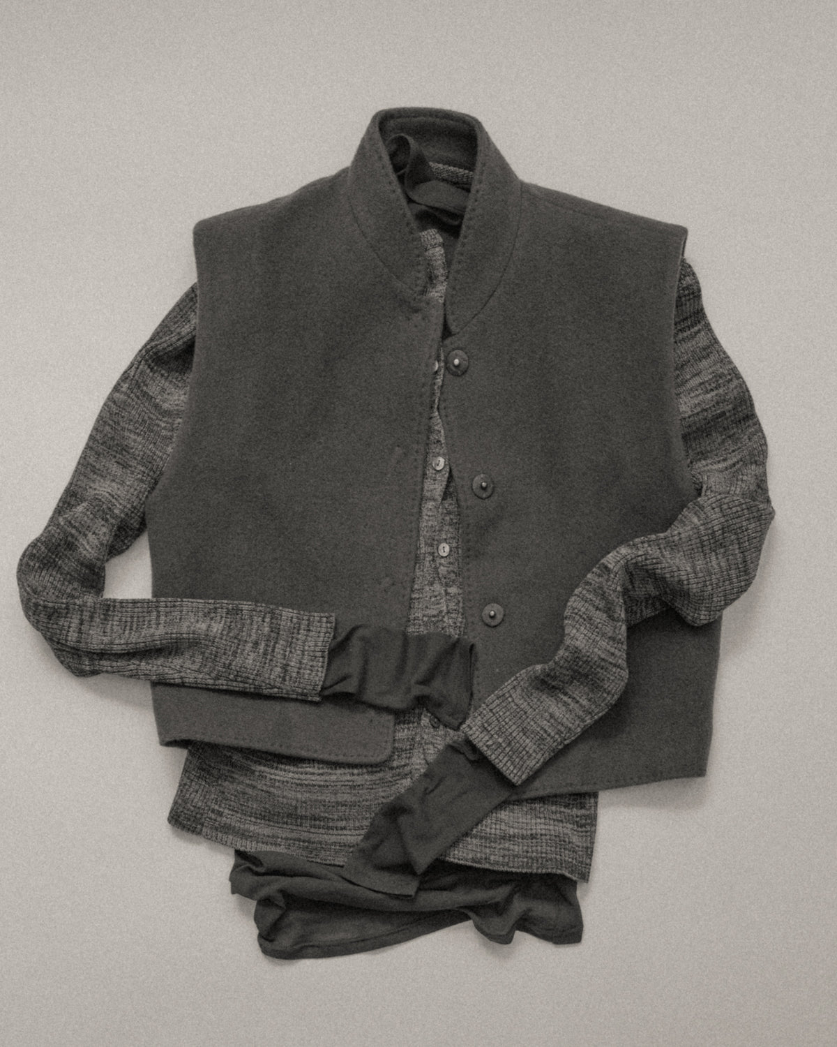 Short Vest layered with Cotton 5color Marled Rib Knit Cardigan and Sheer Fraise Side Tuck Top
