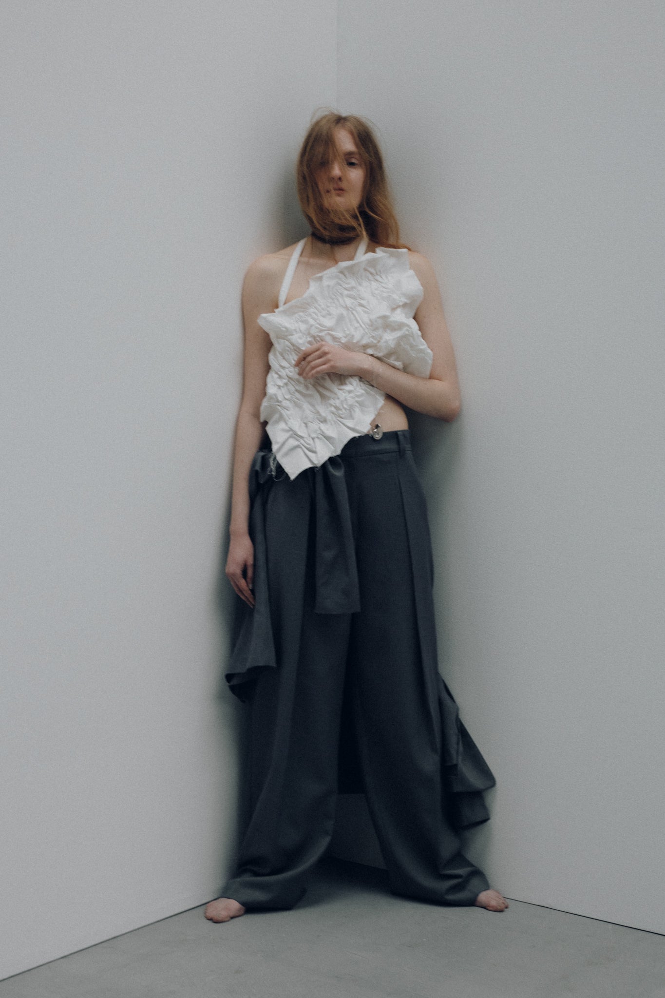 Wool Mix Hip Huggers Tucked Wide Slacks (ls62586P)