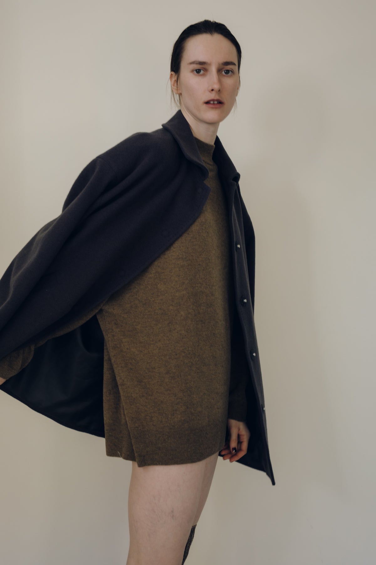 【展示会/後】Recycled Wool Nylon Drop Big Shoulder Half Coat (ls64610J) ¥48,400